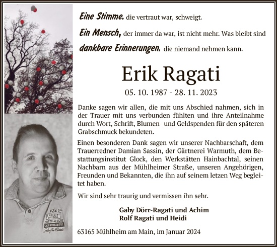 Todesanzeige von Erik Ragati von OF