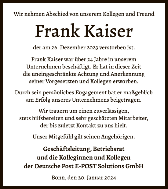 Todesanzeige von Frank Kaiser von OF