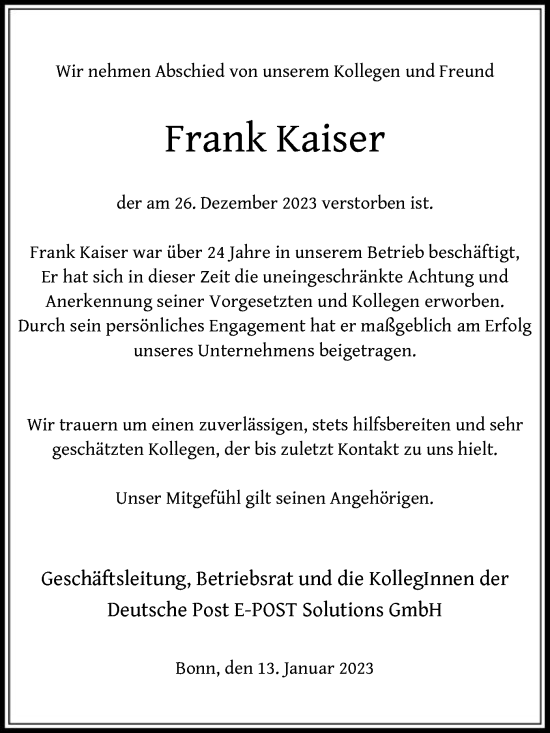 Todesanzeige von Frank Kaiser von OF