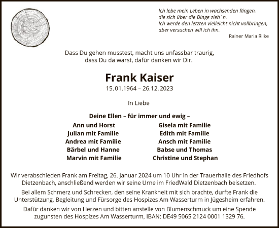 Todesanzeige von Frank Kaiser von OF