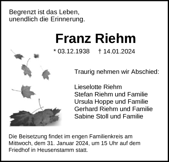 Todesanzeige von Franz Riehm von OF