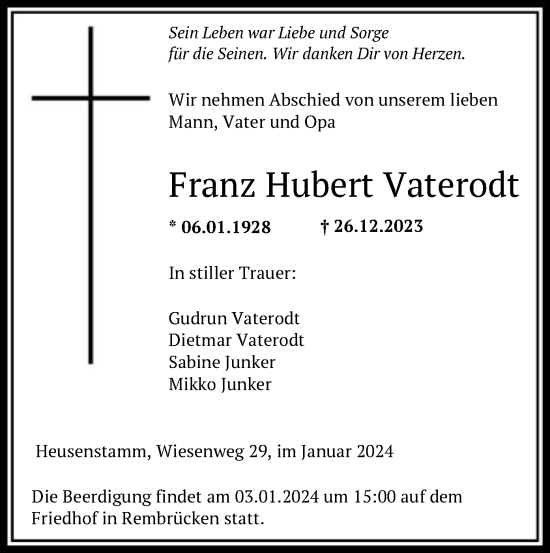 Todesanzeige von Franz Hubert Vaterodt von OF
