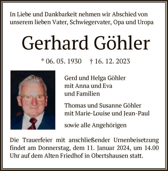 Todesanzeige von Gerhard Göhler von OF