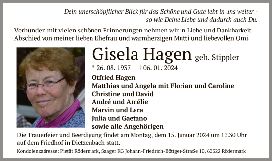 Todesanzeige von Gisela Hagen von OF