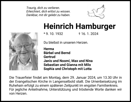 Todesanzeige von Heinrich Hamburger von OF
