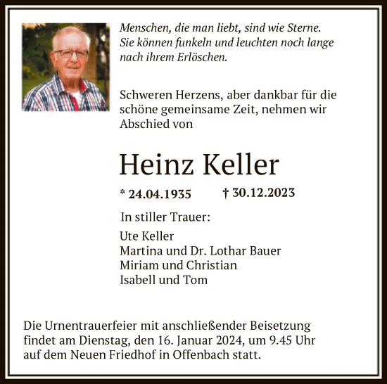 Todesanzeige von Heinz Keller von OF