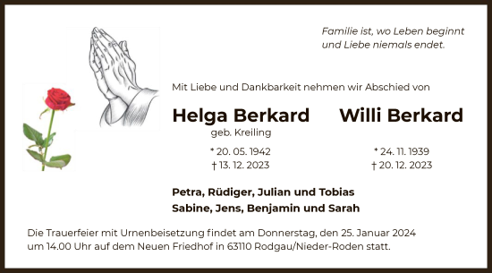 Todesanzeige von Helga und Willi Berkard von OF