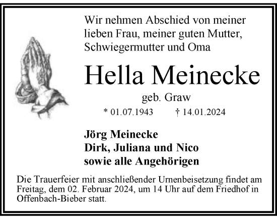 Todesanzeige von Hella Meinecke von OF