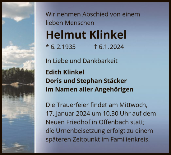 Todesanzeige von Helmut Klinkel von OF