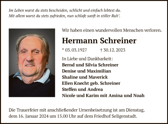 Todesanzeige von Hermann Schreiner von OF
