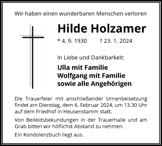 Todesanzeige von Hilde Holzamer von OF