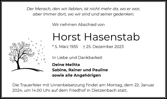 Todesanzeige von Horst Hasenstab von OF