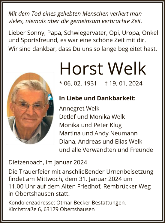 Todesanzeige von Horst Welk von OF