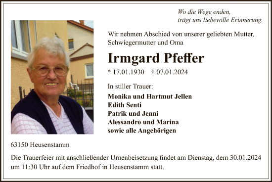 Todesanzeige von Irmgard Pfeffer von OF