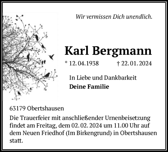 Todesanzeige von Karl Bergmann von OF