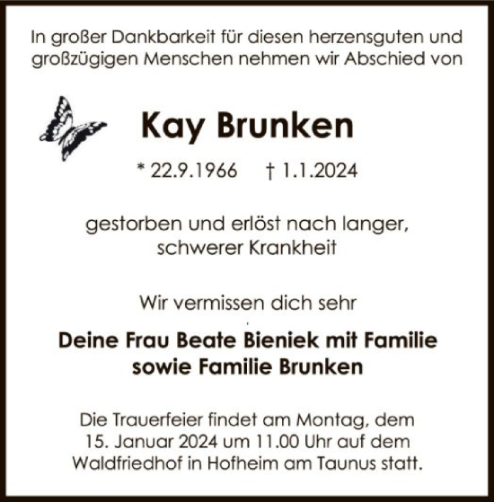 Todesanzeige von Kay Brunken von OF