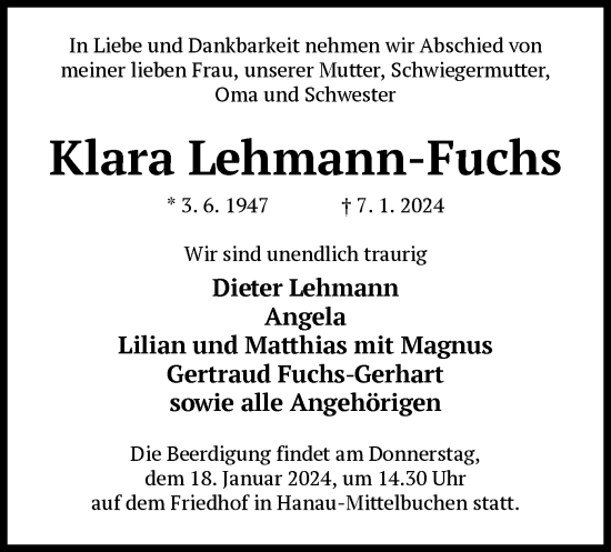 Todesanzeige von Klara Lehmann-Fuchs von OF