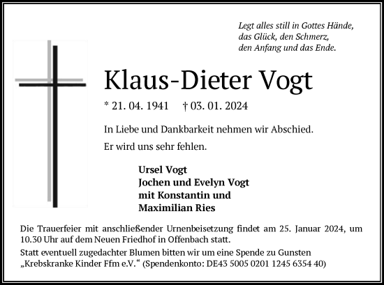 Todesanzeige von Klaus-Dieter Vogt von OF