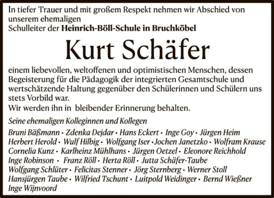 Todesanzeige von Kurt Schäfer von OF