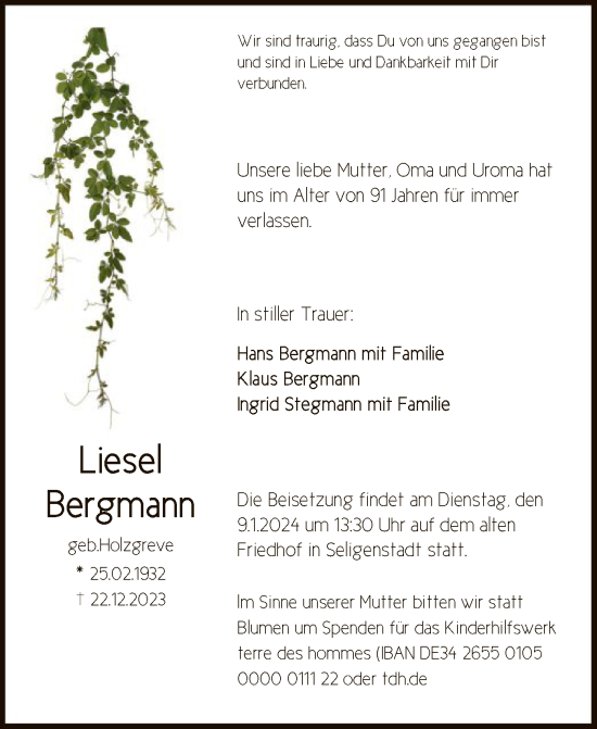 Todesanzeige von Liesel Bergmann von OF