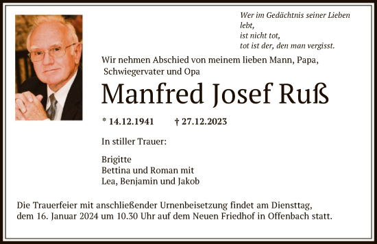 Todesanzeige von Manfred Josef Ruß von OF