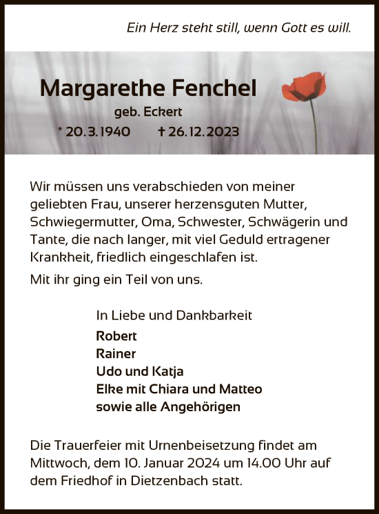 Todesanzeige von Margarethe Fenchel von OF