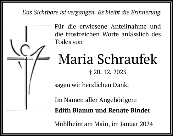 Todesanzeige von Maria Schraufek von OF