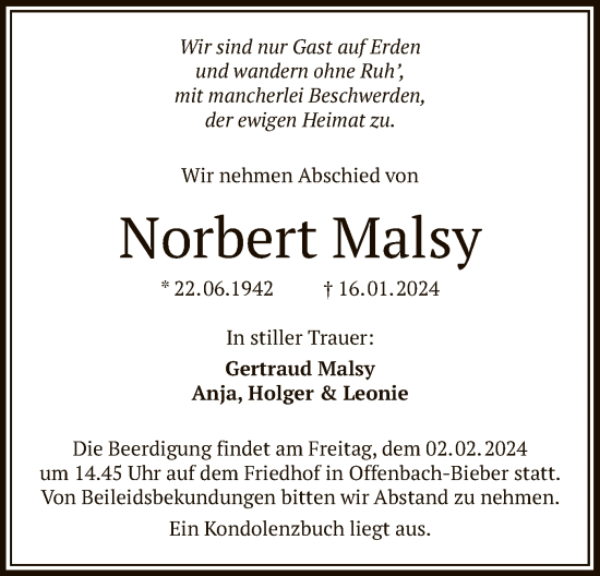 Todesanzeige von Norbert Malsy von OF