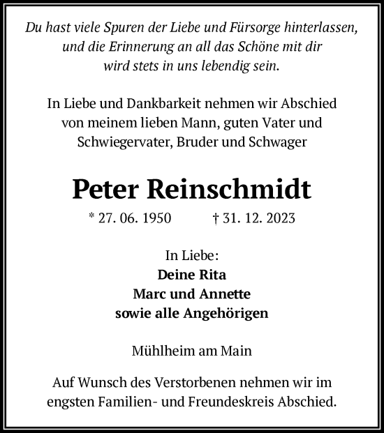 Todesanzeige von Peter Reinschmidt von OF