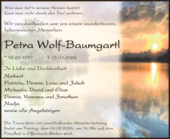 Todesanzeige von Petra Wolf-Baumgartl von OF
