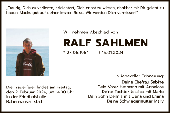 Todesanzeige von Ralf Sahlmen von OF