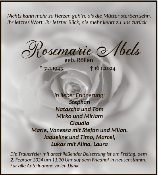 Todesanzeige von Rosemarie Abels von OF