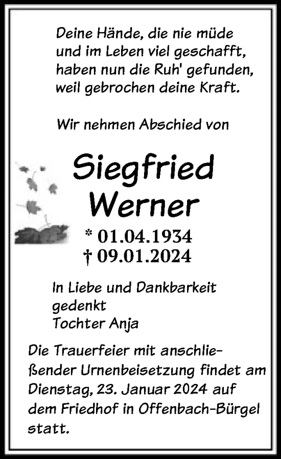 Todesanzeige von Siegfried Werner von OF