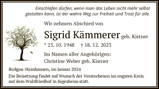 Todesanzeige von Sigrid Kämmerer von OF
