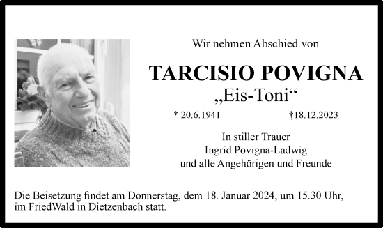 Todesanzeige von Tarcisio Povigna von OF