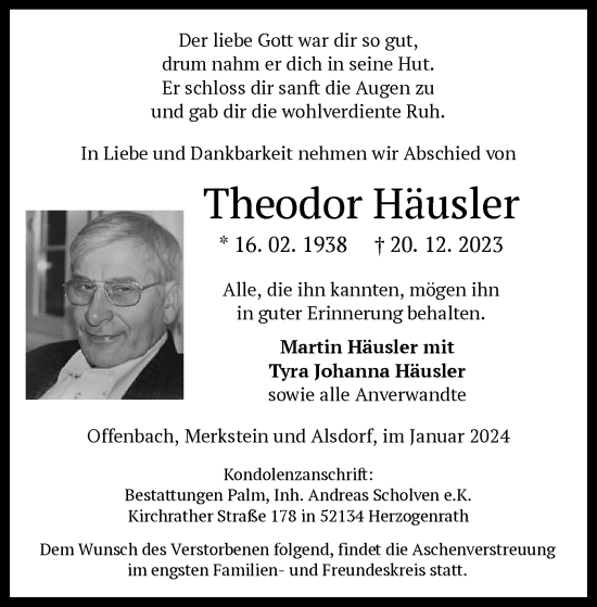Todesanzeige von Theodor Häusler von OF