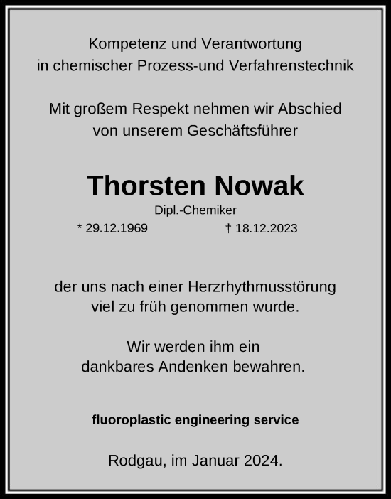 Todesanzeige von Thorsten Nowak von OF