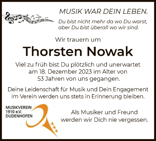 Todesanzeige von Thorsten Nowak von OF