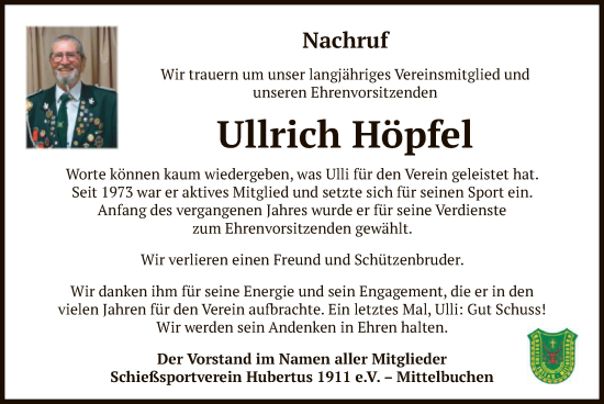 Todesanzeige von Ullrich Höpfel von OF