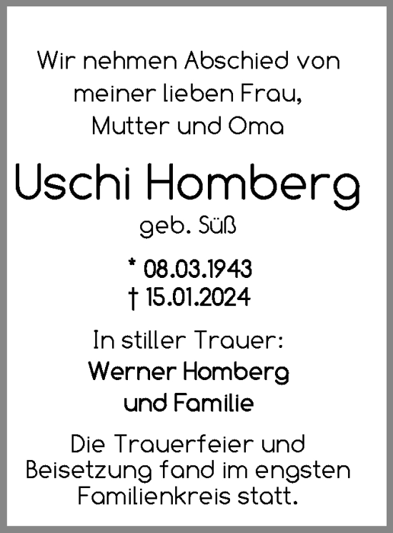Todesanzeige von Uschi Homberg von OF