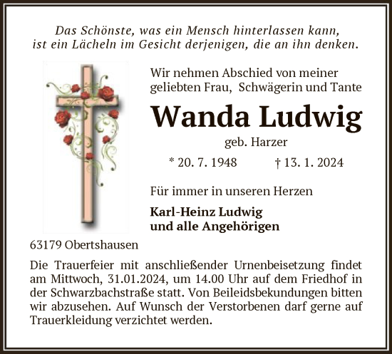 Todesanzeige von Wanda Ludwig von OF