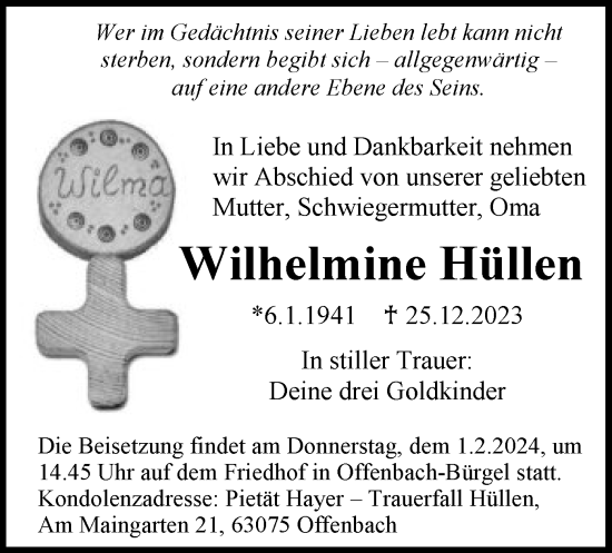 Todesanzeige von Wilhelmine Hüllen von OF