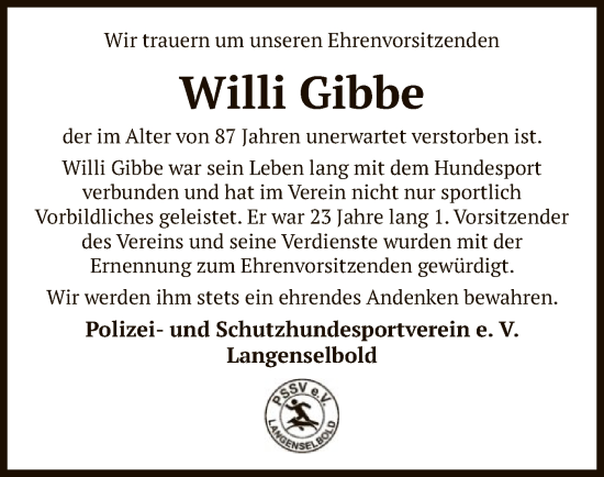 Todesanzeige von Willi Gibbe von OF