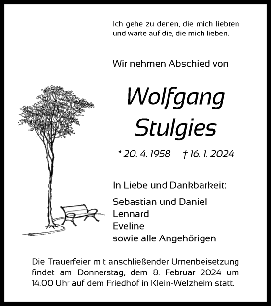 Todesanzeige von Wolfgang Stulgies von OF