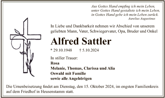 Todesanzeige von Alfred Sattler von OF
