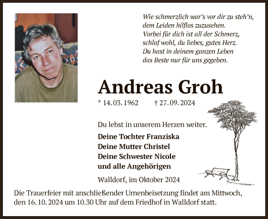 Todesanzeige von Andreas Groh von OF