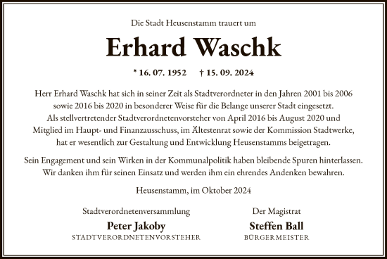 Todesanzeige von Erhard Waschk von OF