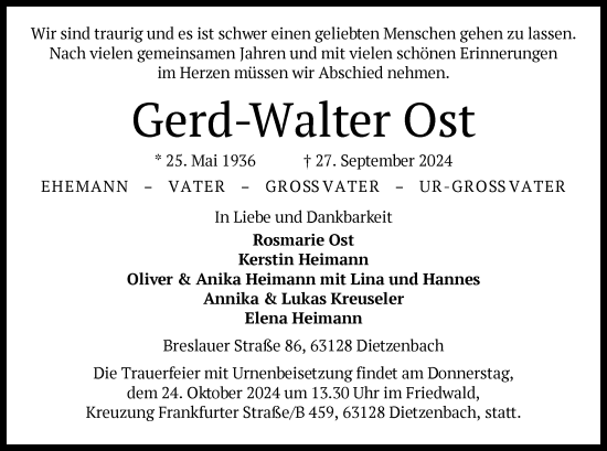 Todesanzeige von Gerd-Walter Ost von OF