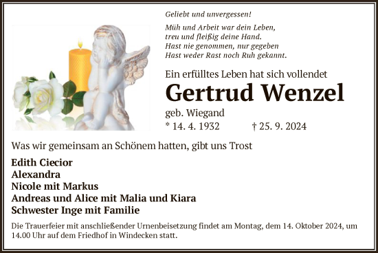 Todesanzeige von Gertrud Wenzel von OF