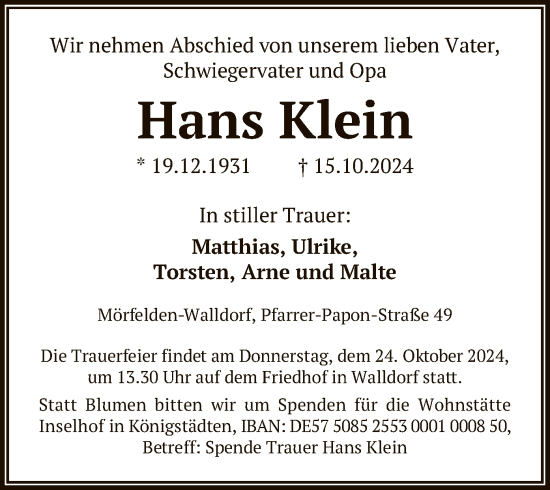 Todesanzeige von Hans Klein von OF